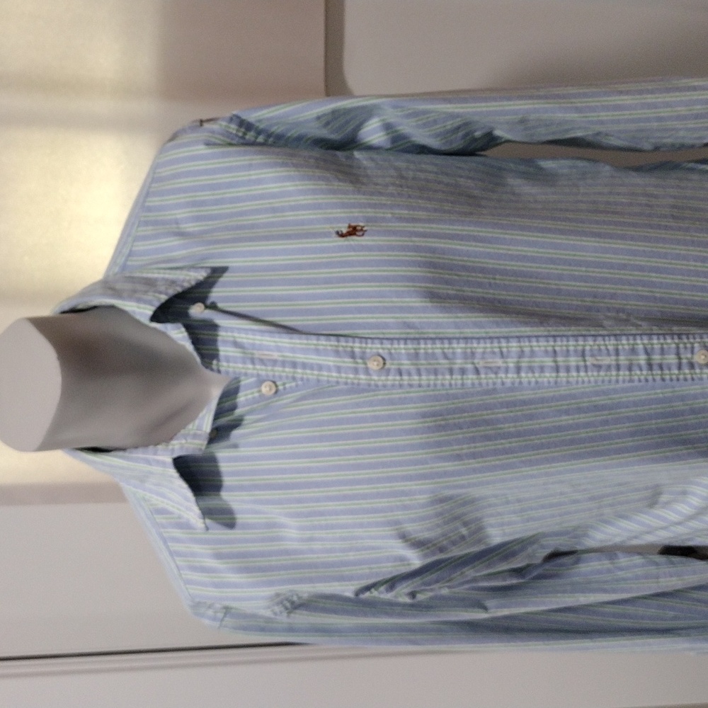 Ralph Lauren mens green and blue striped cotton prep classic shirt. Medium